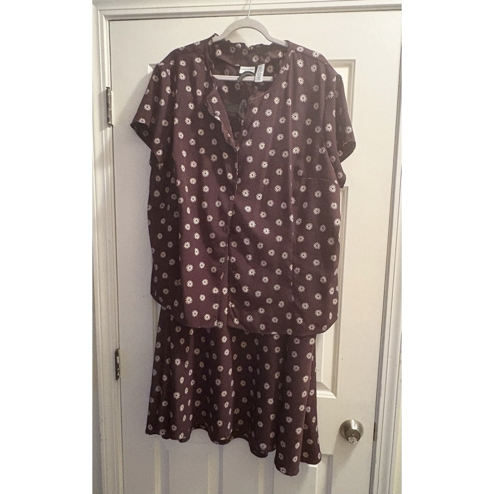 Covington Women Dress Skirt 2 piece Button Up Top Plus 24W Brown White Floral
